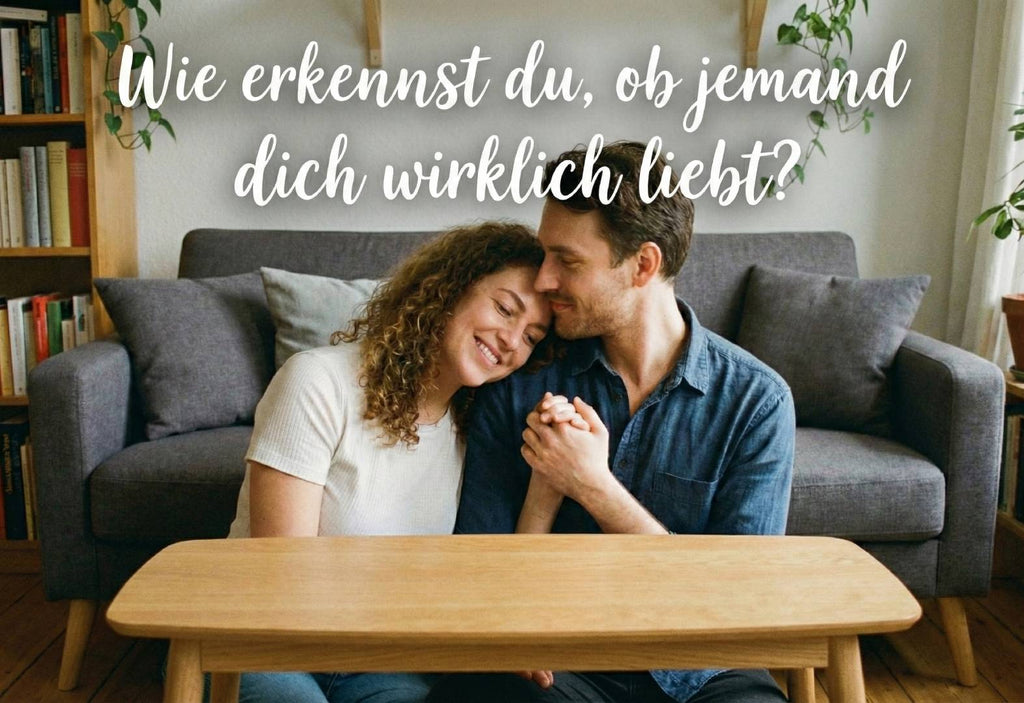 Ein Paar kniet vor einem Sofa am Boden und machen einen verliebten Eindruck. Der Titel fragt "Wie erkennst du, ob jemand dich wirklich liebt?"