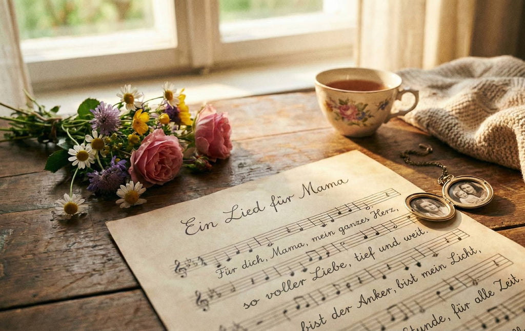 Ein Notenblatt mit Titel "Ein Lied für Mama" auf einem alten Tisch mit Blumen, einer Tasse und einem Amulett mit Bild von Mutter und Tochter
