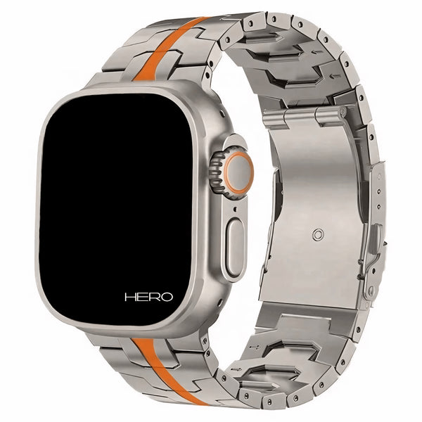 Premium Titan Armband Hero mit Sicherheitsschließe für alle Apple Watch Serien (Titan|Orange)