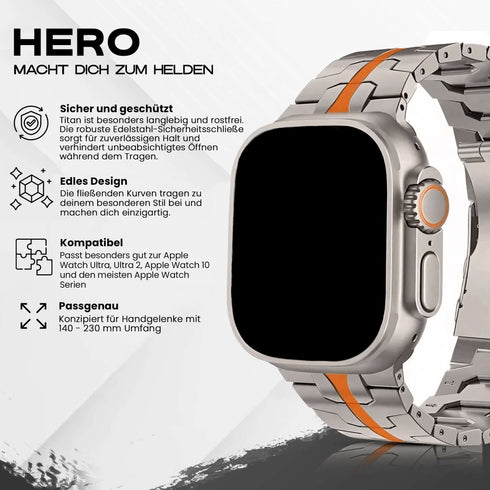 Premium Titan Armband Hero mit Sicherheitsschließe für alle Apple Watch Serien (Titan|Orange)