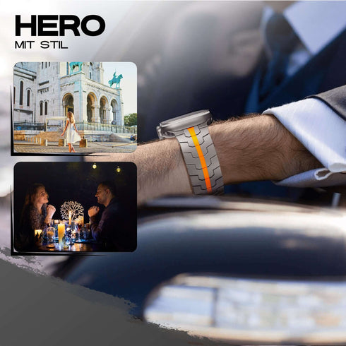 Premium Titan Armband Hero mit Sicherheitsschließe für alle Apple Watch Serien (Titan|Orange)