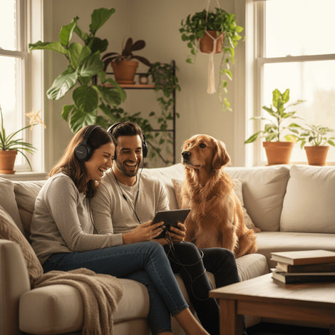 Paar hört mit ihrem Hund ihr personalisiertes Hundelied mit Namen des Hundes im Wohnzimmer, umgeben von Pflanzen.